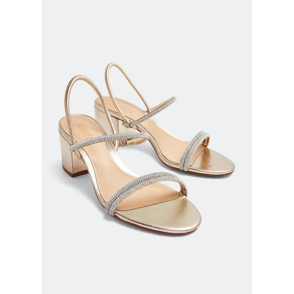 Schutz Whiteley Block Gold Rhinestone Strappy Sandals Mid Heel Size 10.5B